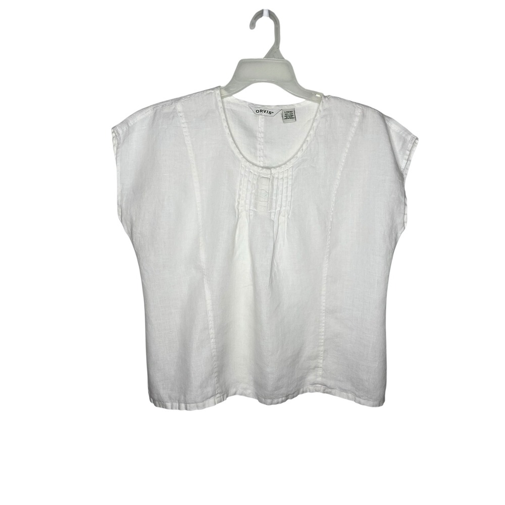 Orvis Women White 100% Linen Cap Sleeve Pin Tuck Pullover Blouse Top Large 14/16